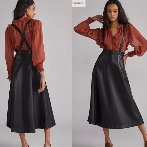 NWT Anthropologie Black Faux Leather Adjustable Pinafore Skirt w/ Pockets 12 - Picture 3 of 13